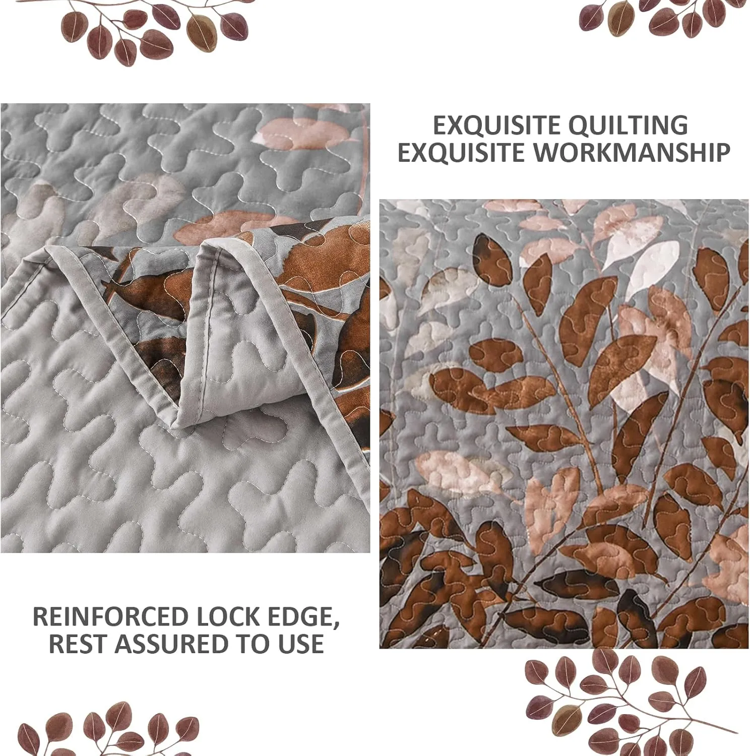 WONGS BEDDING Brown Floal Quilt Set Queen Size, 3 Pieces Bedspread Coverlet Set for All Season, Soft Microfiber Lightweight Floral Bedding Set Queen 96"x90"
