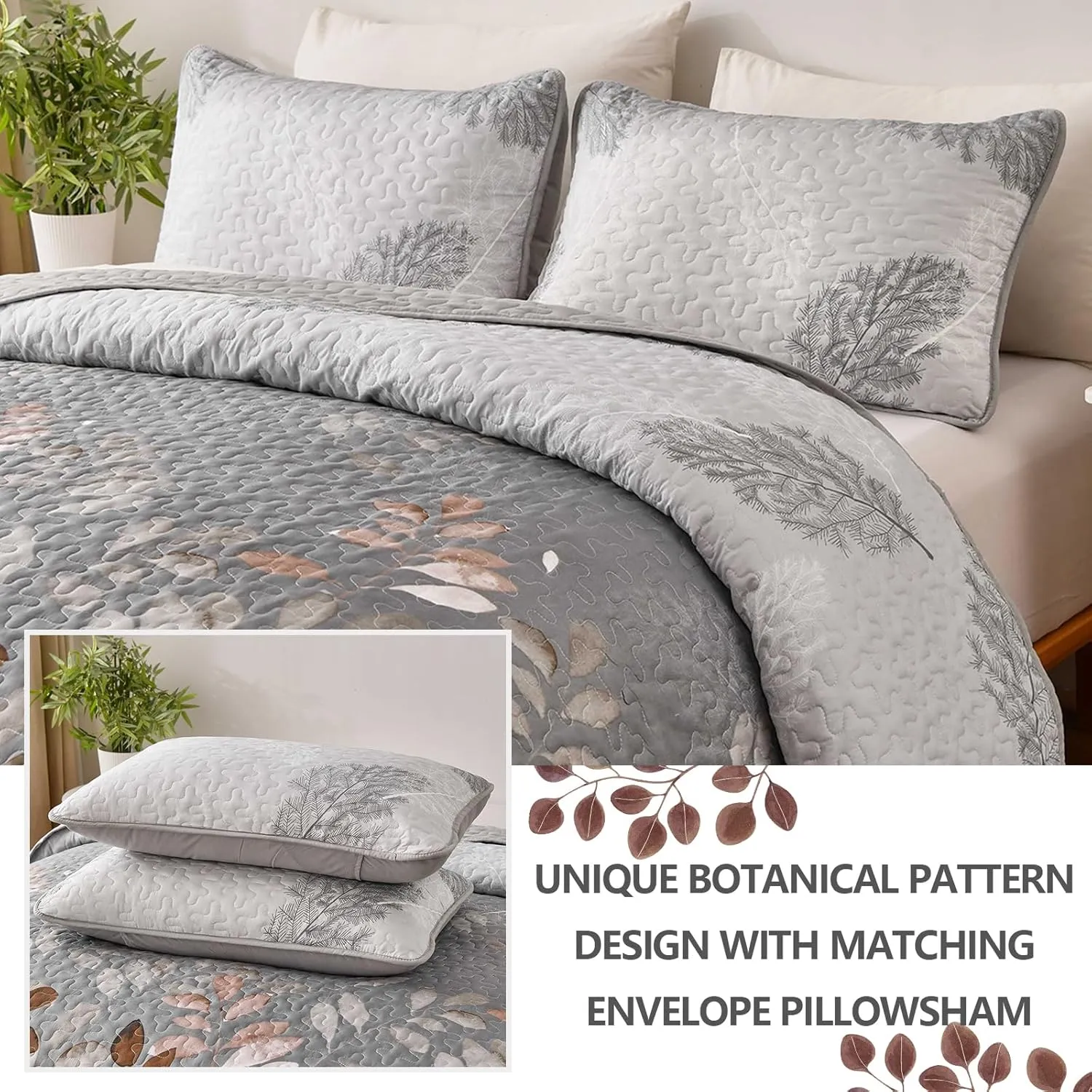 WONGS BEDDING Brown Floal Quilt Set Queen Size, 3 Pieces Bedspread Coverlet Set for All Season, Soft Microfiber Lightweight Floral Bedding Set Queen 96"x90"