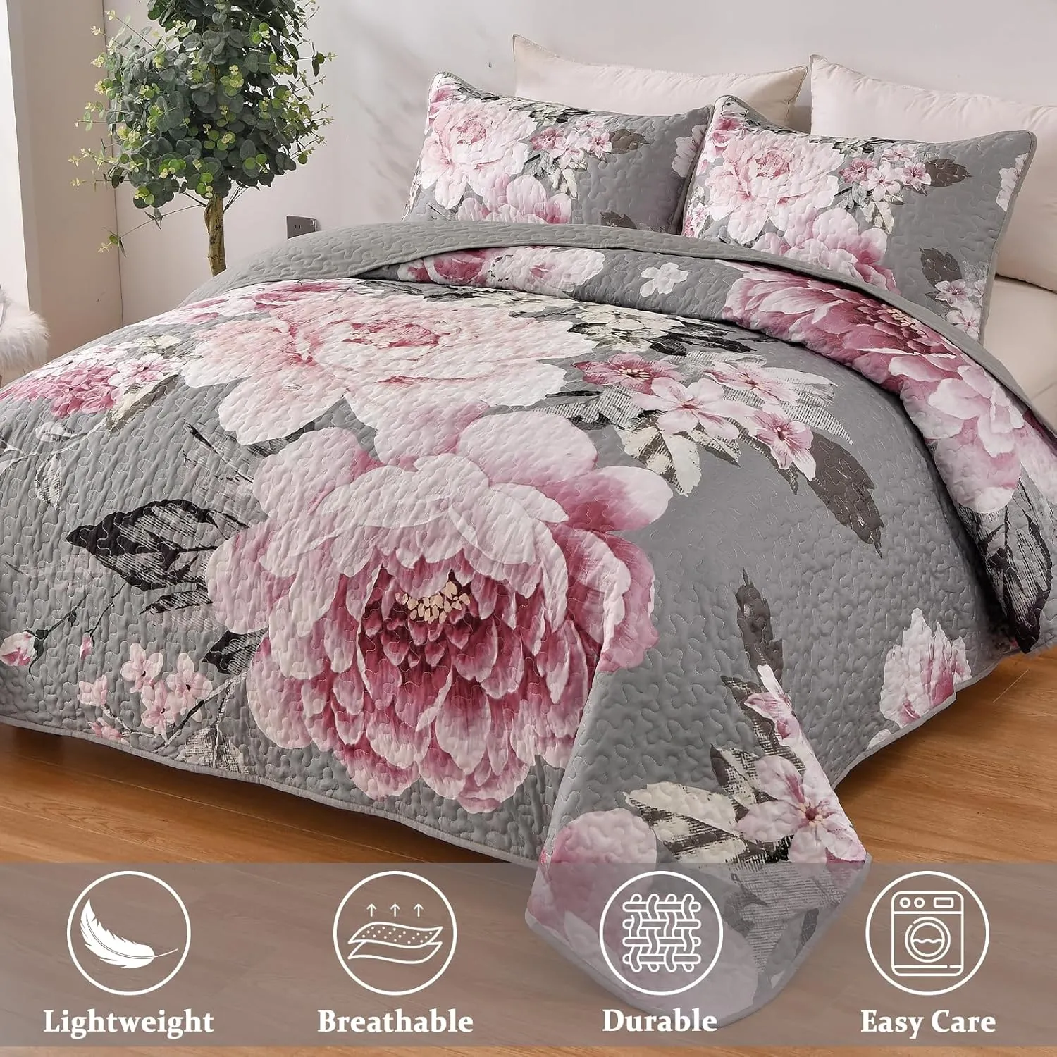 WONGS BEDDING Floral Quilt Set King, 3 Pieces Reversible Elegant Pink Flower Bedspread Coverlet for All Season, Soft Microfiber Lightweight Grey Quilt Bedding Set with 2 Pillow Shams 104"X90"