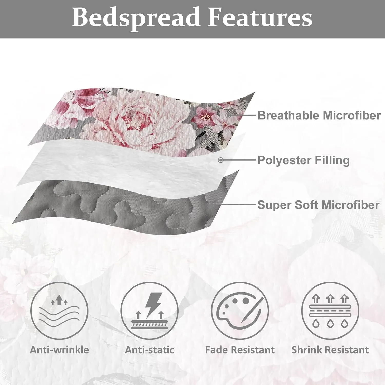 WONGS BEDDING Floral Quilt Set King, 3 Pieces Reversible Elegant Pink Flower Bedspread Coverlet for All Season, Soft Microfiber Lightweight Grey Quilt Bedding Set with 2 Pillow Shams 104"X90"