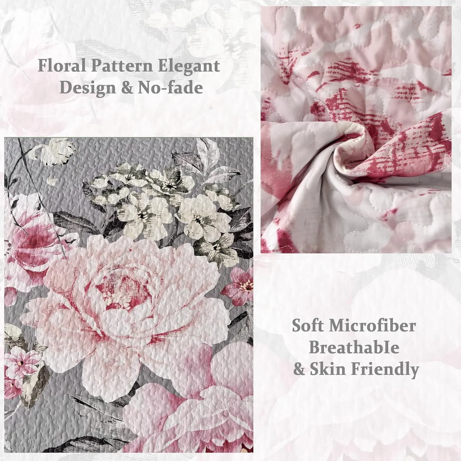 WONGS BEDDING Floral Quilt Set King, 3 Pieces Reversible Elegant Pink Flower Bedspread Coverlet for All Season, Soft Microfiber Lightweight Grey Quilt Bedding Set with 2 Pillow Shams 104"X90"
