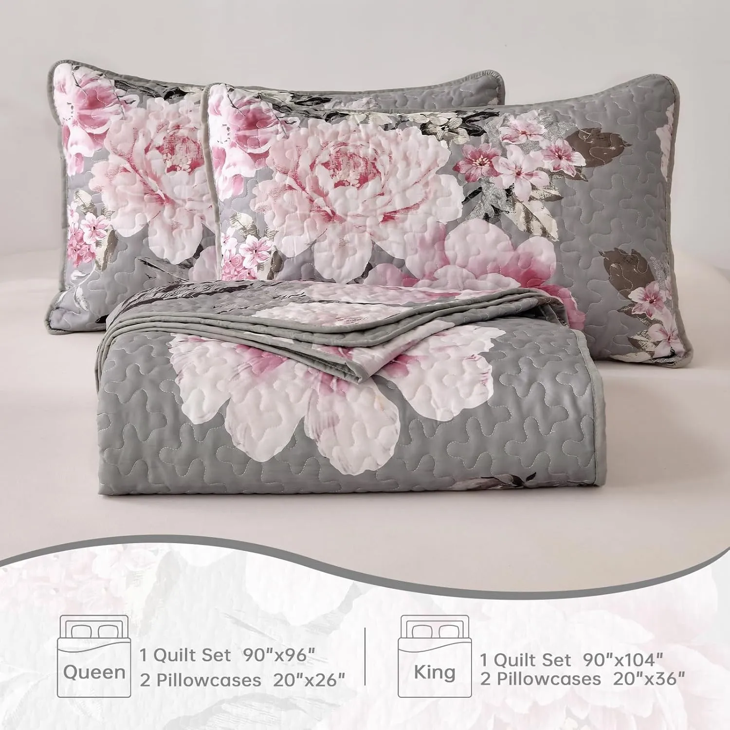 WONGS BEDDING Floral Quilt Set King, 3 Pieces Reversible Elegant Pink Flower Bedspread Coverlet for All Season, Soft Microfiber Lightweight Grey Quilt Bedding Set with 2 Pillow Shams 104"X90"