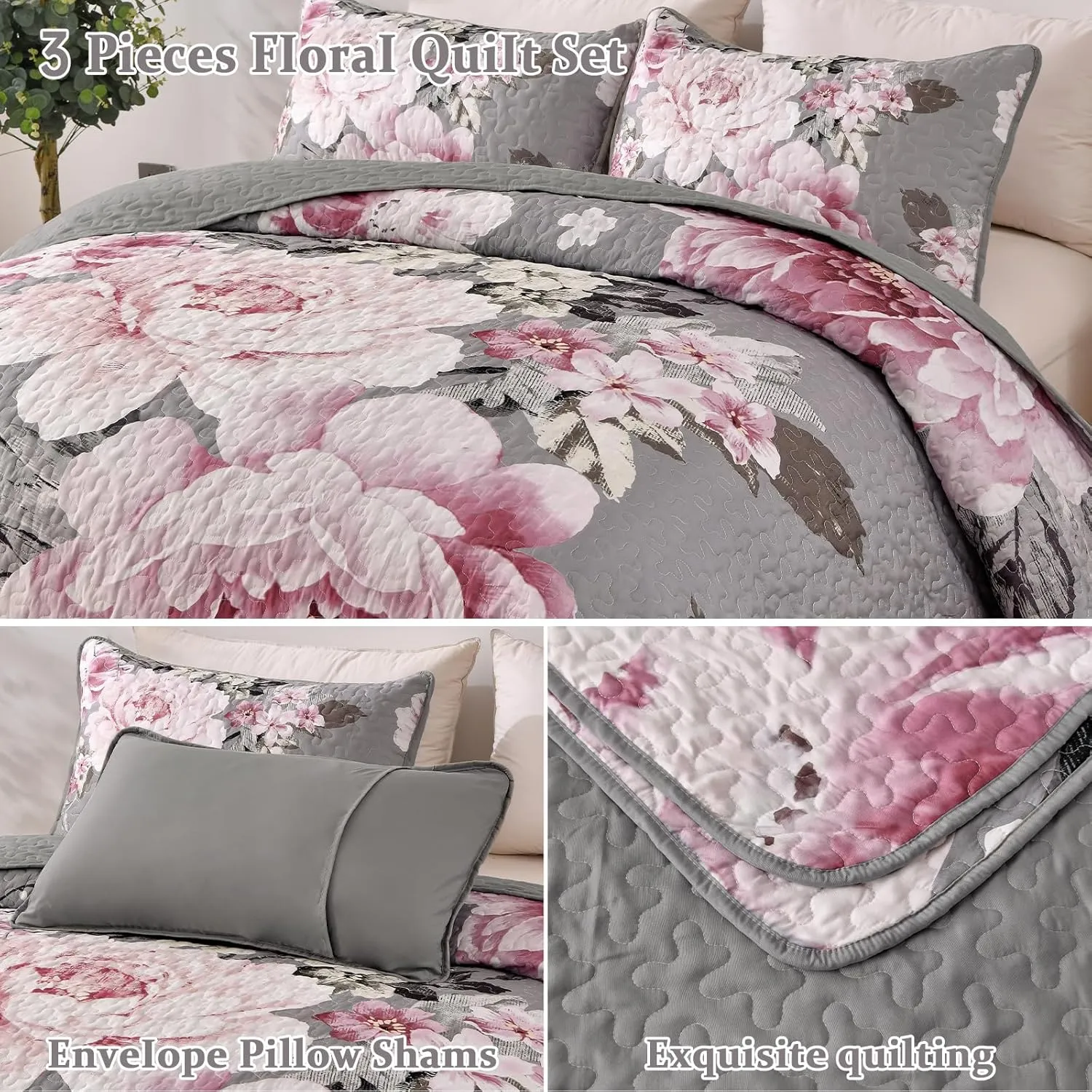 WONGS BEDDING Floral Quilt Set King, 3 Pieces Reversible Elegant Pink Flower Bedspread Coverlet for All Season, Soft Microfiber Lightweight Grey Quilt Bedding Set with 2 Pillow Shams 104"X90"