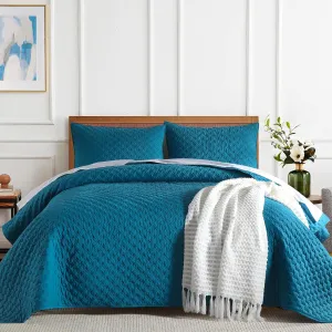 WONGS BEDDING Teal Blue Quilt Set Queen Size, Bedspread Coverlet with Pillow Shams, 3 Pieces Lightweight Microfiber Quilt Bedding Set with Embossed Plaid Pattern for All Seasons(96"×96")