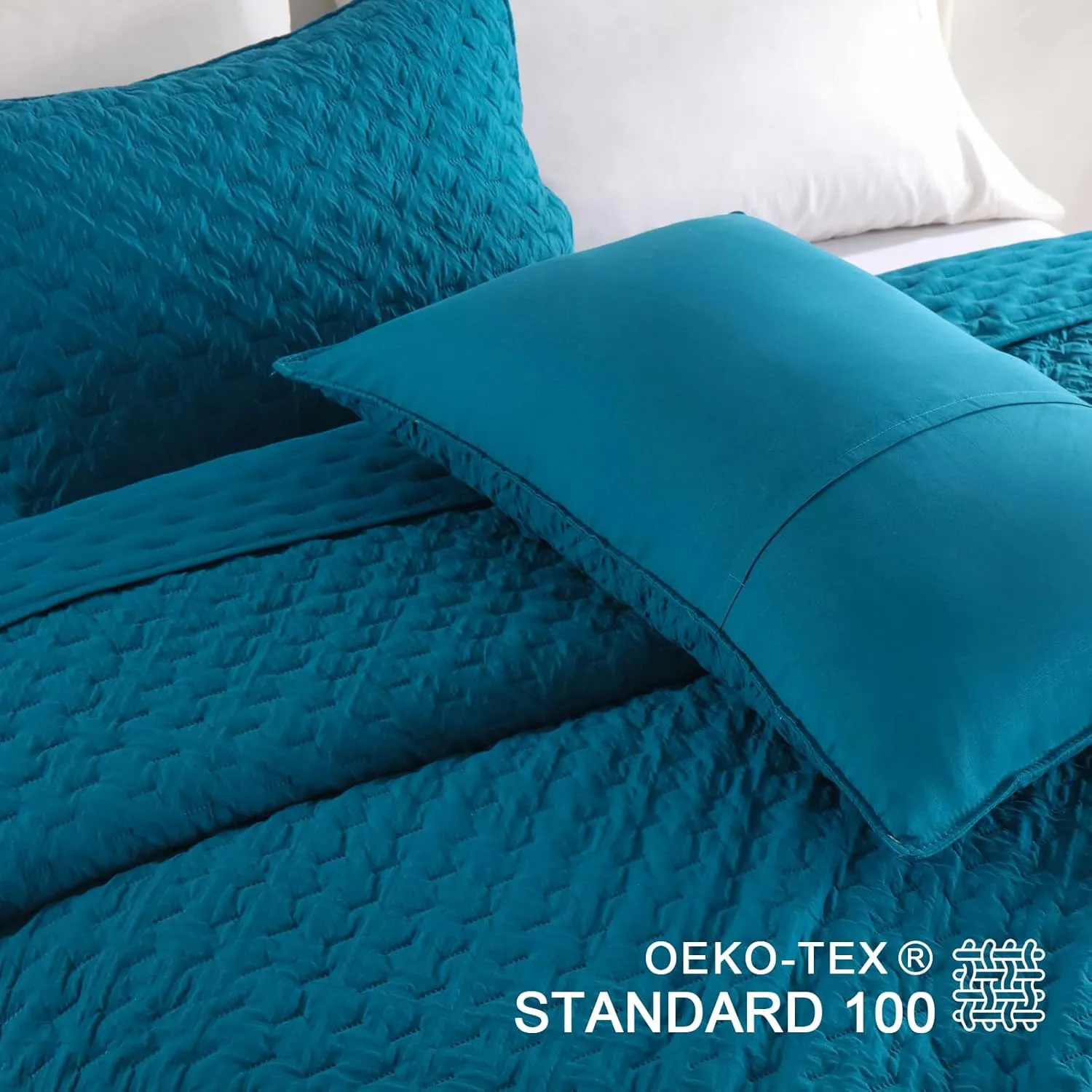 WONGS BEDDING Teal Blue Quilt Set Queen Size, Bedspread Coverlet with Pillow Shams, 3 Pieces Lightweight Microfiber Quilt Bedding Set with Embossed Plaid Pattern for All Seasons(96"×96")