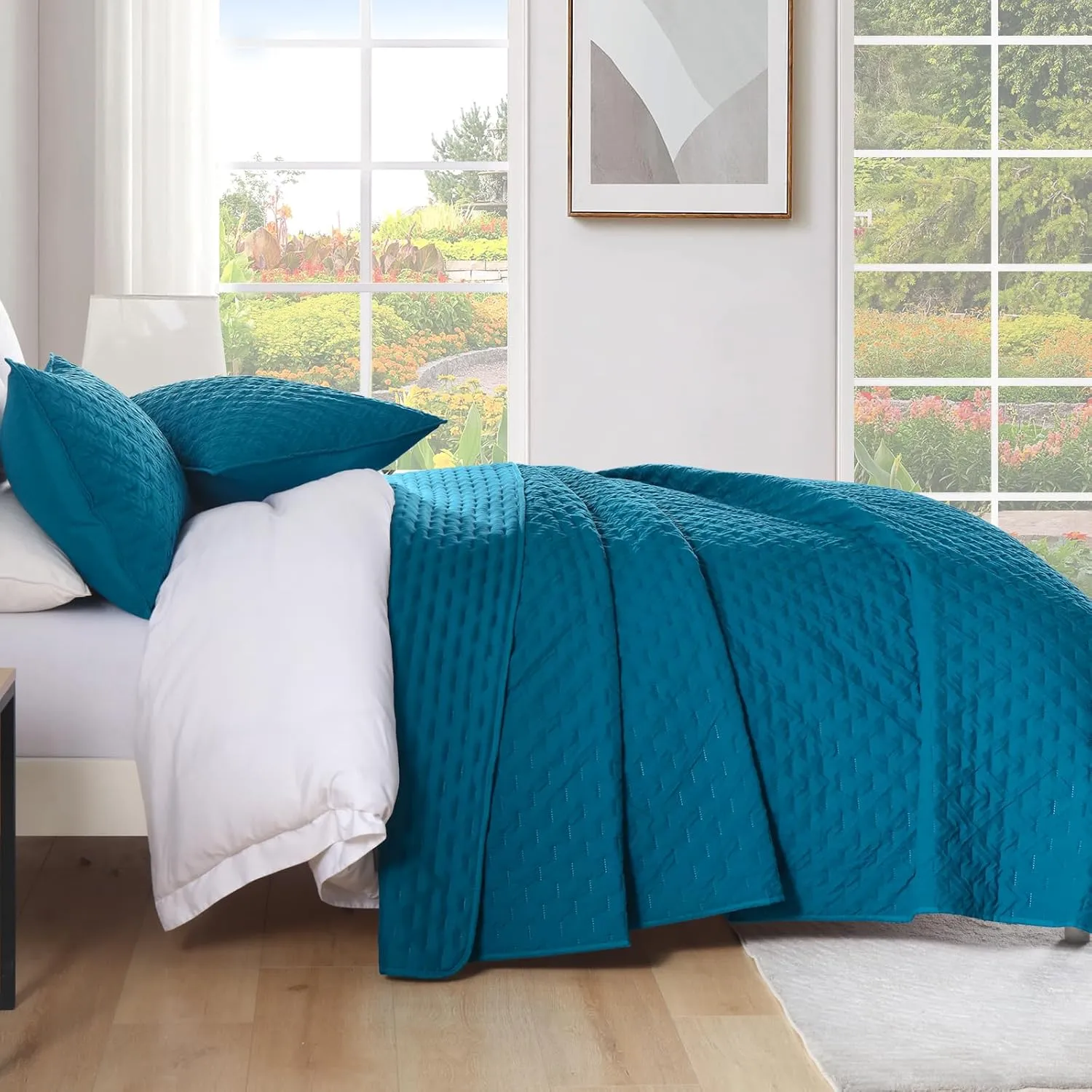 WONGS BEDDING Teal Blue Quilt Set Queen Size, Bedspread Coverlet with Pillow Shams, 3 Pieces Lightweight Microfiber Quilt Bedding Set with Embossed Plaid Pattern for All Seasons(96"×96")