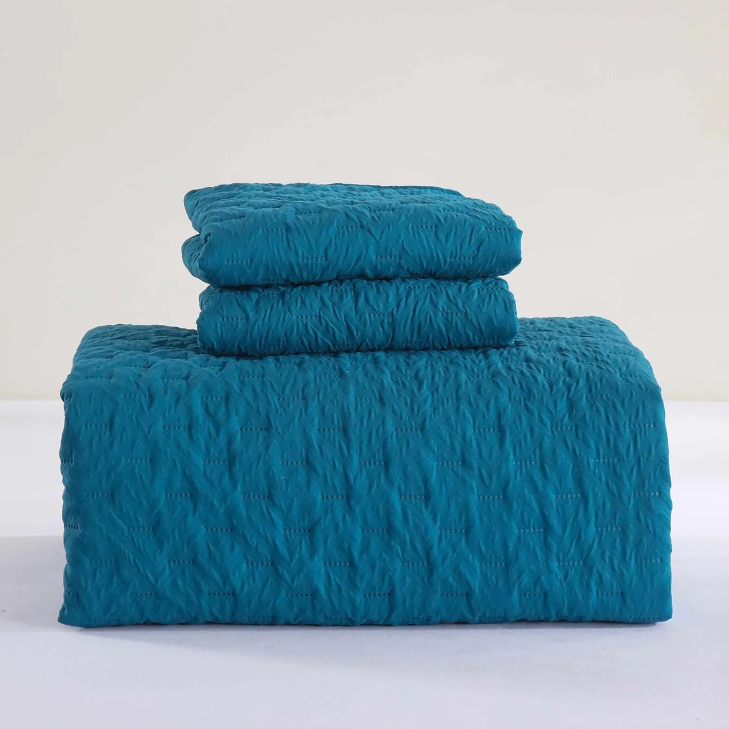 WONGS BEDDING Teal Blue Quilt Set Queen Size, Bedspread Coverlet with Pillow Shams, 3 Pieces Lightweight Microfiber Quilt Bedding Set with Embossed Plaid Pattern for All Seasons(96"×96")