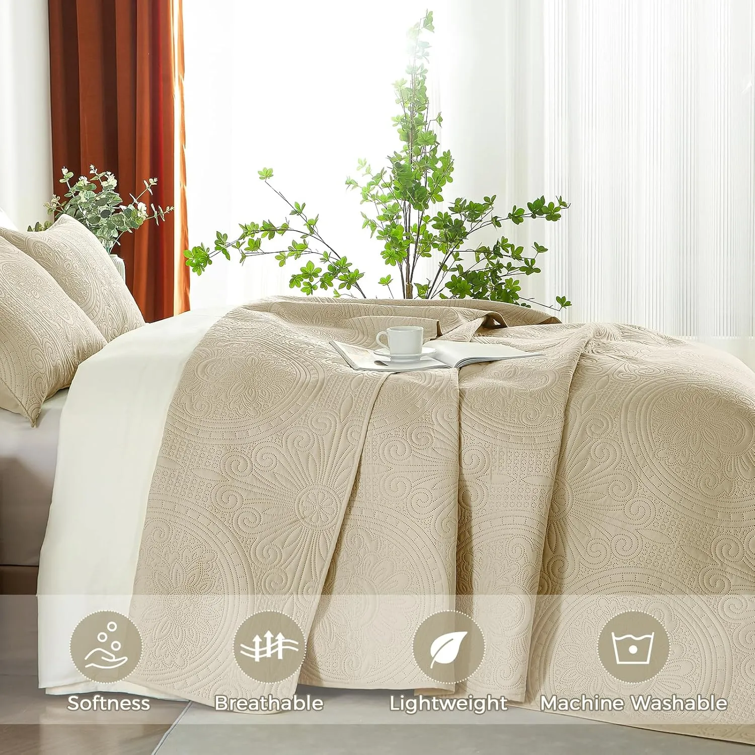 WURUIBO King/Cal King Quilt Set Beige,Ultrasonic Embossed Bedspread, Lightweight Microfiber Coverlet, Modern Thin Bedding Set for All Season, 3 Piece(1 Quilt,2 Pillow Shams)