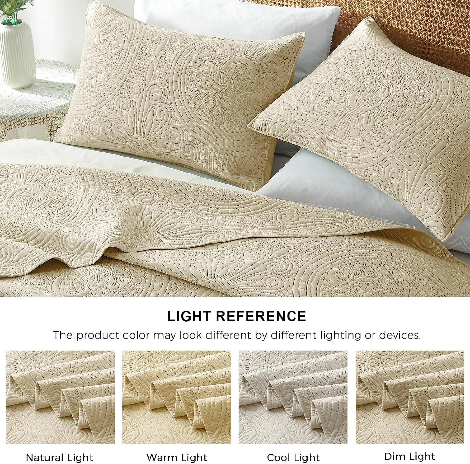 WURUIBO King/Cal King Quilt Set Beige,Ultrasonic Embossed Bedspread, Lightweight Microfiber Coverlet, Modern Thin Bedding Set for All Season, 3 Piece(1 Quilt,2 Pillow Shams)