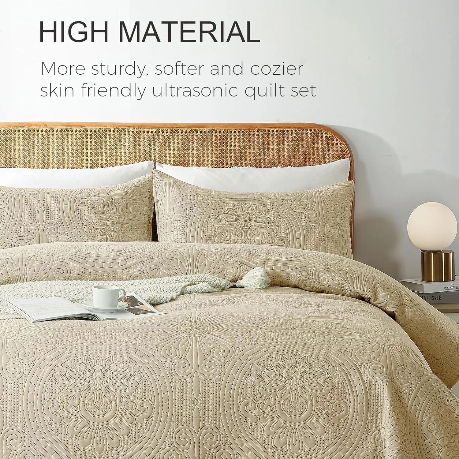 WURUIBO King/Cal King Quilt Set Beige,Ultrasonic Embossed Bedspread, Lightweight Microfiber Coverlet, Modern Thin Bedding Set for All Season, 3 Piece(1 Quilt,2 Pillow Shams)