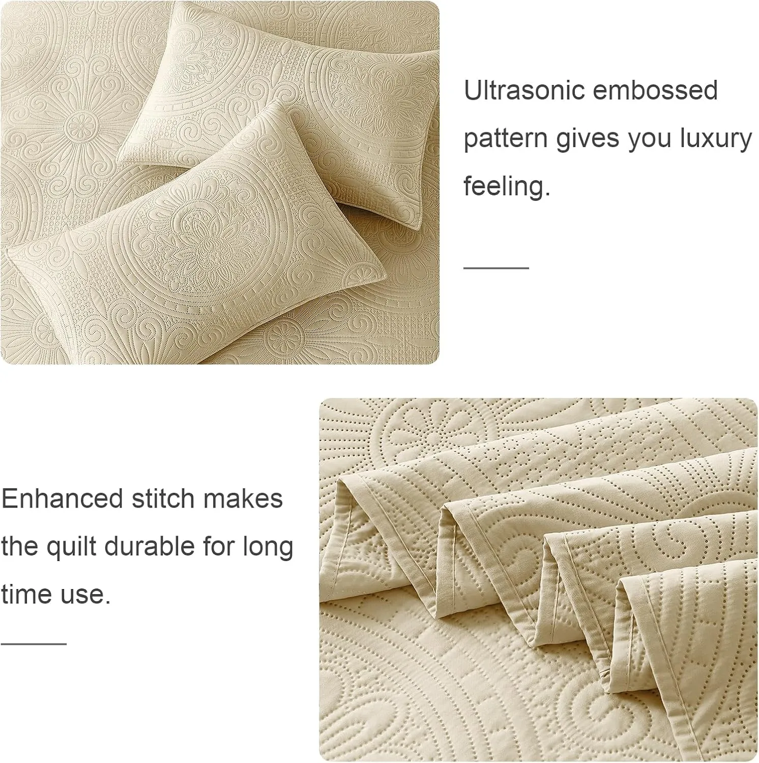 WURUIBO King/Cal King Quilt Set Beige,Ultrasonic Embossed Bedspread, Lightweight Microfiber Coverlet, Modern Thin Bedding Set for All Season, 3 Piece(1 Quilt,2 Pillow Shams)
