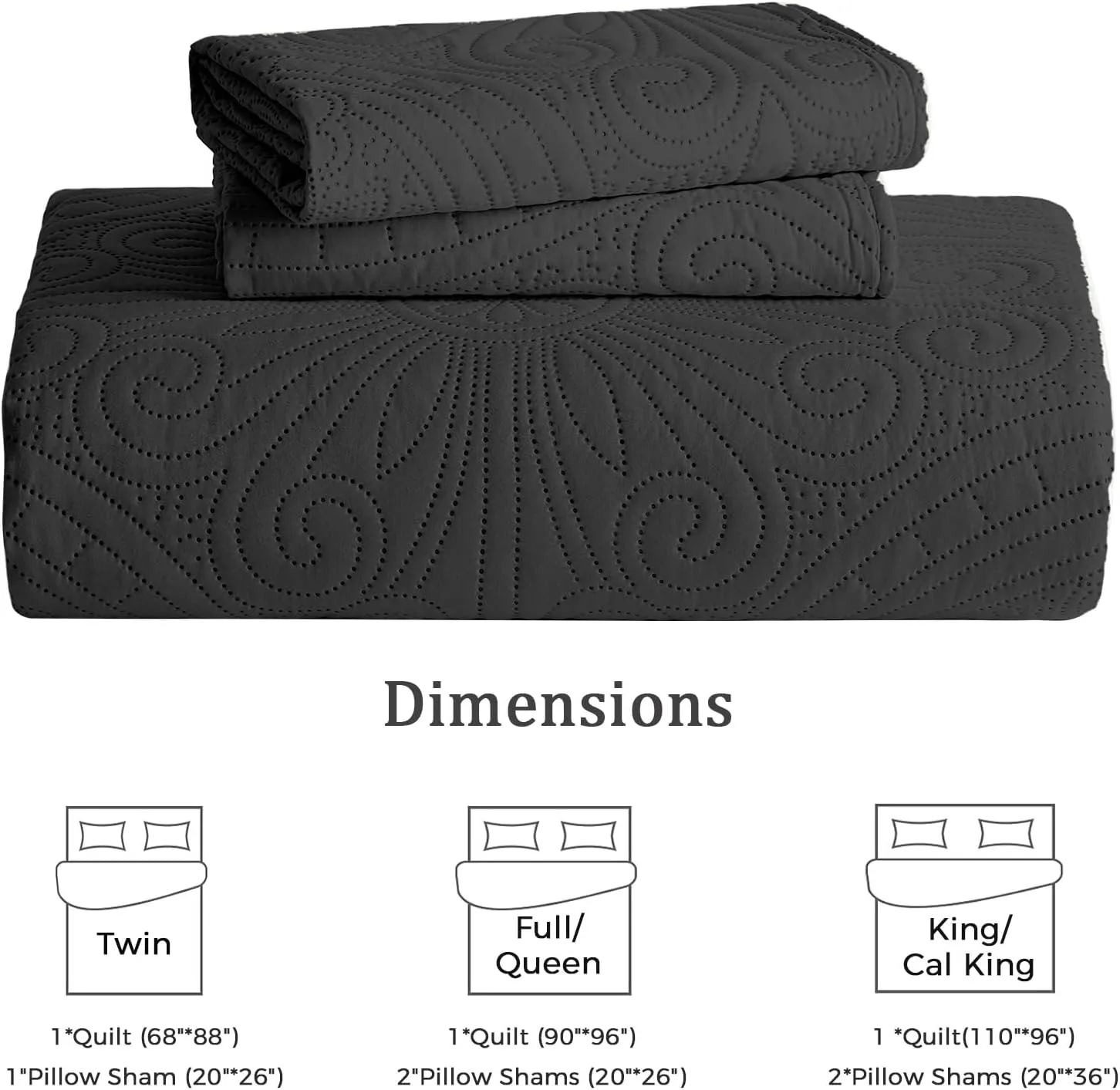 WURUIBO King/Cal King Quilt Set Black,Ultrasonic Embossed Bedspread, Lightweight Microfiber Coverlet, Modern Thin Bedding Set for All Season, 3 Piece(1 Quilt,2 Pillow Shams)