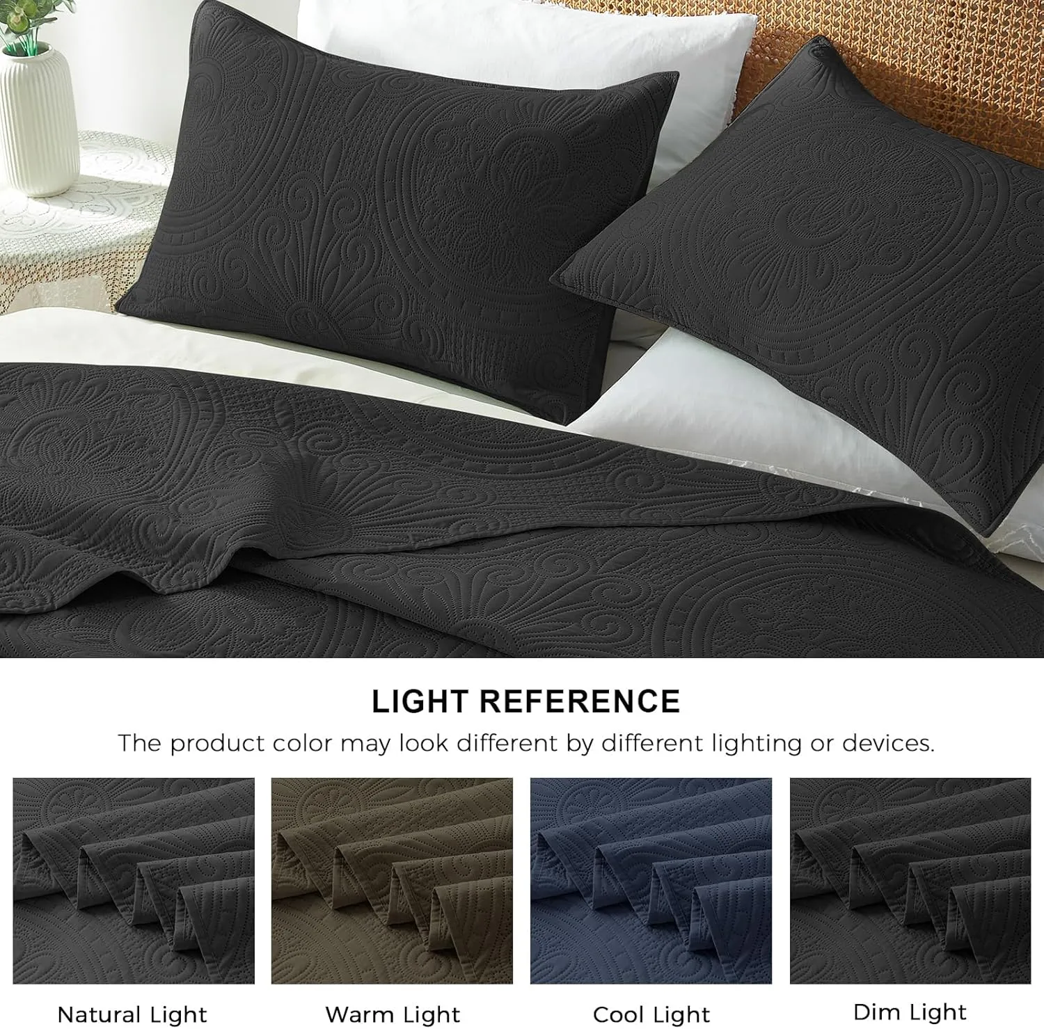 WURUIBO King/Cal King Quilt Set Black,Ultrasonic Embossed Bedspread, Lightweight Microfiber Coverlet, Modern Thin Bedding Set for All Season, 3 Piece(1 Quilt,2 Pillow Shams)