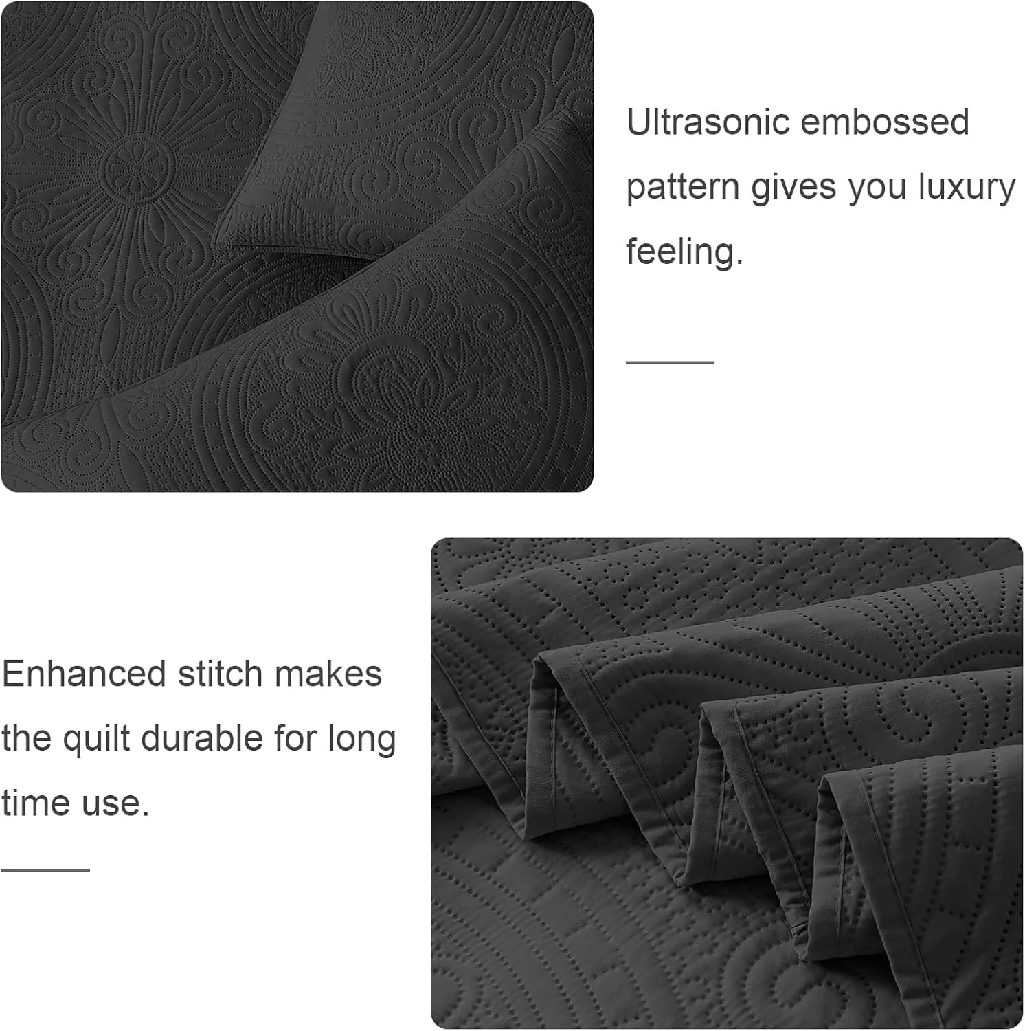 WURUIBO King/Cal King Quilt Set Black,Ultrasonic Embossed Bedspread, Lightweight Microfiber Coverlet, Modern Thin Bedding Set for All Season, 3 Piece(1 Quilt,2 Pillow Shams)