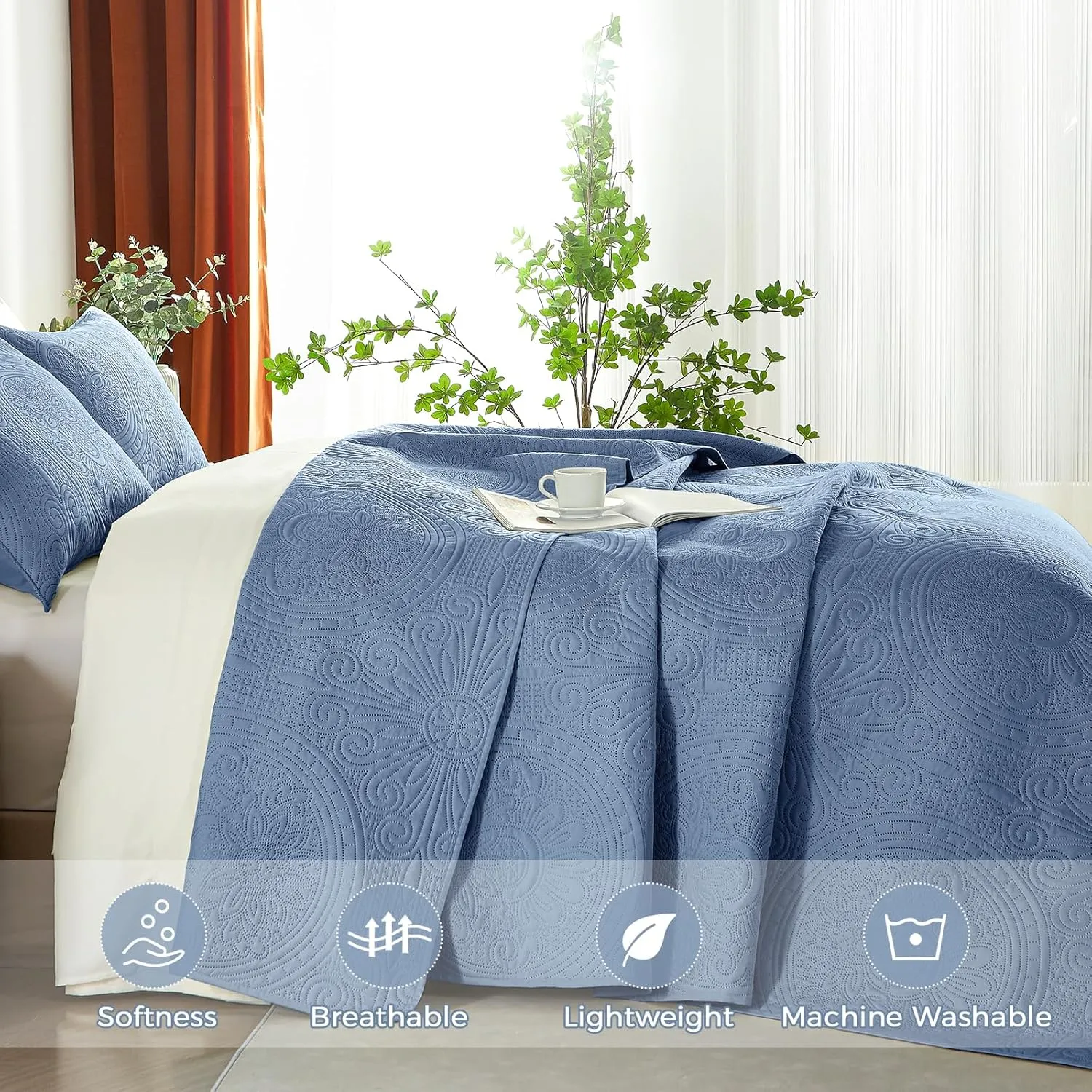 WURUIBO King/Cal King Quilt Set Bluish Grey,Ultrasonic Embossed Bedspread, Lightweight Microfiber Coverlet, Modern Thin Bedding Set for All Season, 3 Piece(1 Quilt,2 Pillow Shams)