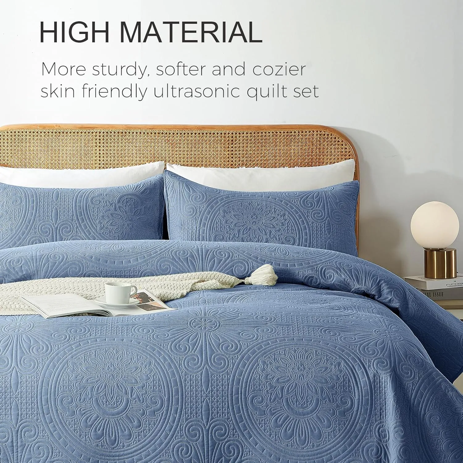 WURUIBO King/Cal King Quilt Set Bluish Grey,Ultrasonic Embossed Bedspread, Lightweight Microfiber Coverlet, Modern Thin Bedding Set for All Season, 3 Piece(1 Quilt,2 Pillow Shams)