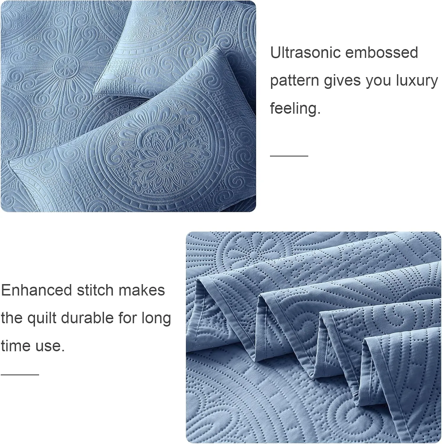 WURUIBO King/Cal King Quilt Set Bluish Grey,Ultrasonic Embossed Bedspread, Lightweight Microfiber Coverlet, Modern Thin Bedding Set for All Season, 3 Piece(1 Quilt,2 Pillow Shams)