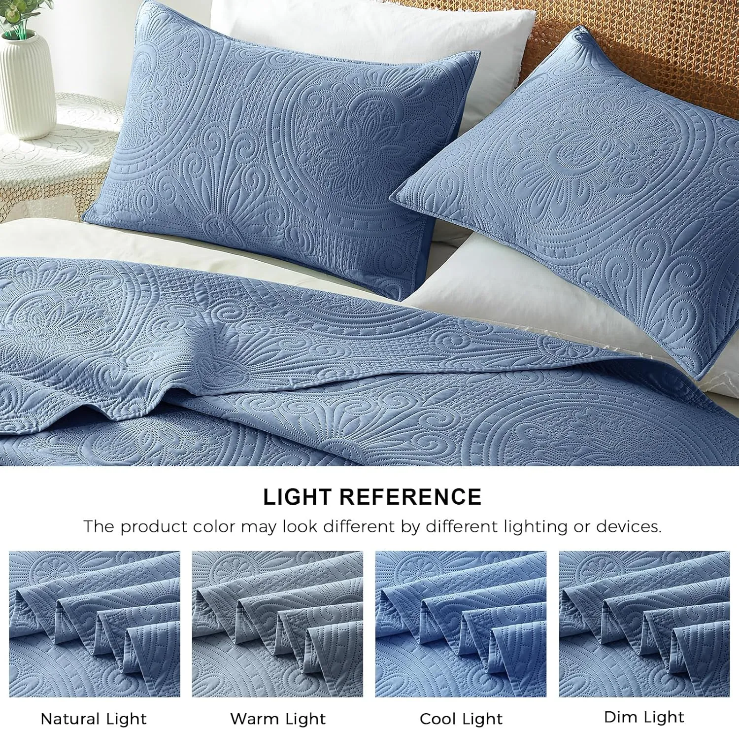 WURUIBO King/Cal King Quilt Set Bluish Grey,Ultrasonic Embossed Bedspread, Lightweight Microfiber Coverlet, Modern Thin Bedding Set for All Season, 3 Piece(1 Quilt,2 Pillow Shams)