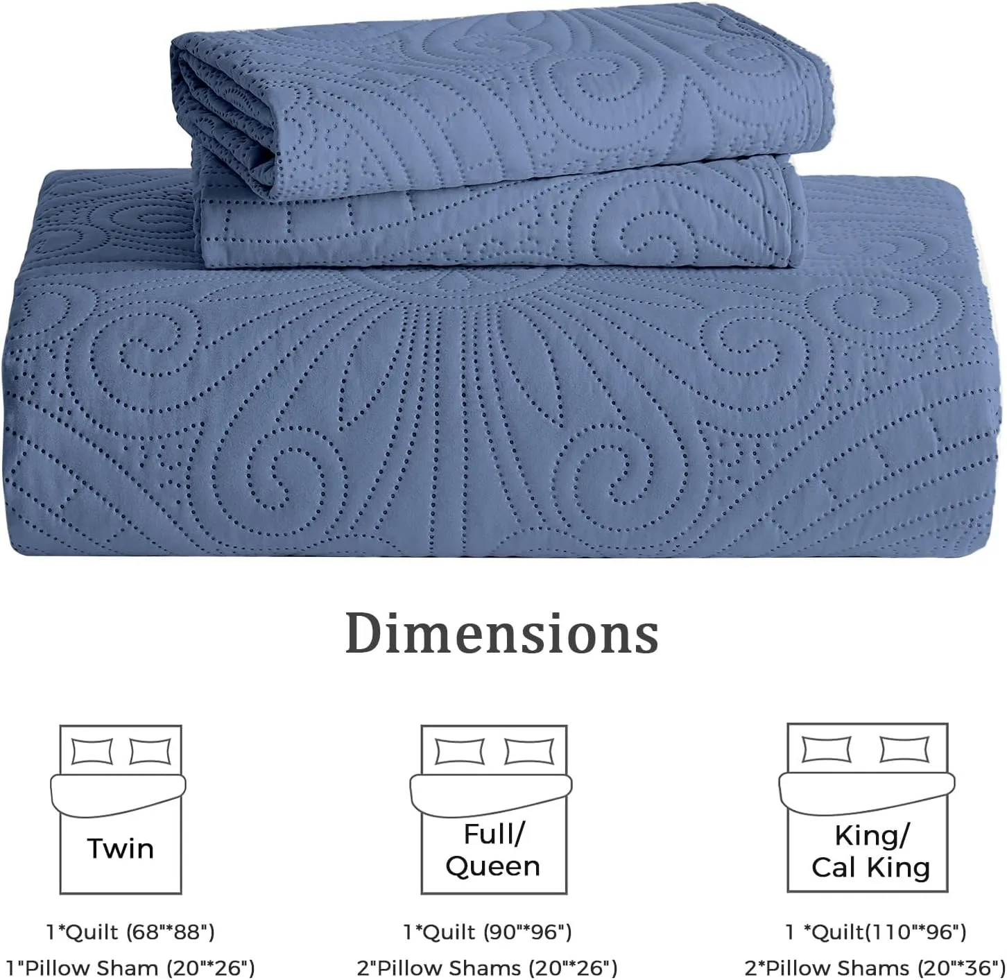 WURUIBO King/Cal King Quilt Set Bluish Grey,Ultrasonic Embossed Bedspread, Lightweight Microfiber Coverlet, Modern Thin Bedding Set for All Season, 3 Piece(1 Quilt,2 Pillow Shams)