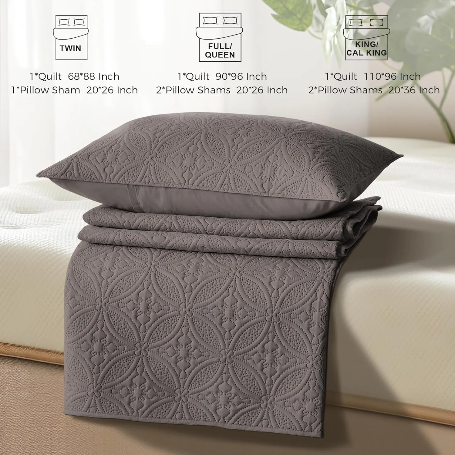 WURUIBO Twin Quilt Set Dark Gray, Microfiber Lightweight Bedspreads, Ultrasonic Embossed Solid Coverlet, Thin Bedding Set for All Season, Soft Breathable Bed Cover(1 Quilt, 1 Pillow Sham)