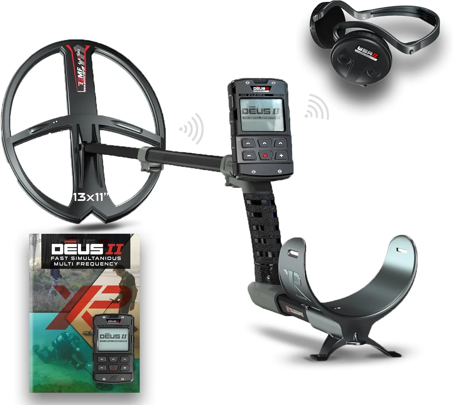 XP Metal Detectors Deus II RC - 13x11'' FMF Coil with WSAII Wireless Headphones Bundle - Waterproof and multifrequency with XP Deus II Remote Control & S-Telescopic Stem (DEUS2-34FMFRCEA   WSAII)