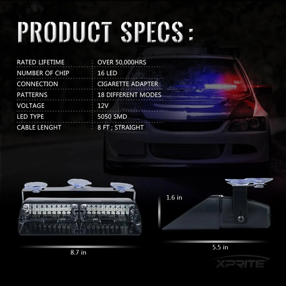Xprite Red Blue LED Emergency Dash Strobe Light, Interior Windshield Safety Warning Police Lights w/Suction Cups, 12V Windshield Visor Light Bar for Police Law Enforcement Firefighter Vehicles Trucks
