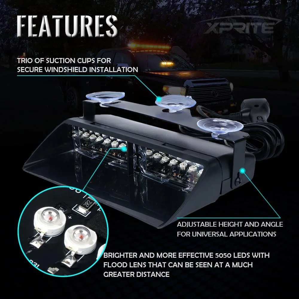 Xprite Red Blue LED Emergency Dash Strobe Light, Interior Windshield Safety Warning Police Lights w/Suction Cups, 12V Windshield Visor Light Bar for Police Law Enforcement Firefighter Vehicles Trucks