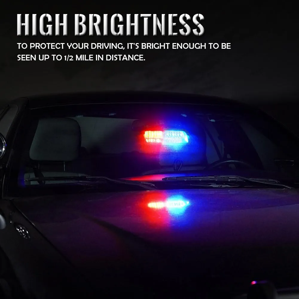 Xprite Red Blue LED Emergency Dash Strobe Light, Interior Windshield Safety Warning Police Lights w/Suction Cups, 12V Windshield Visor Light Bar for Police Law Enforcement Firefighter Vehicles Trucks