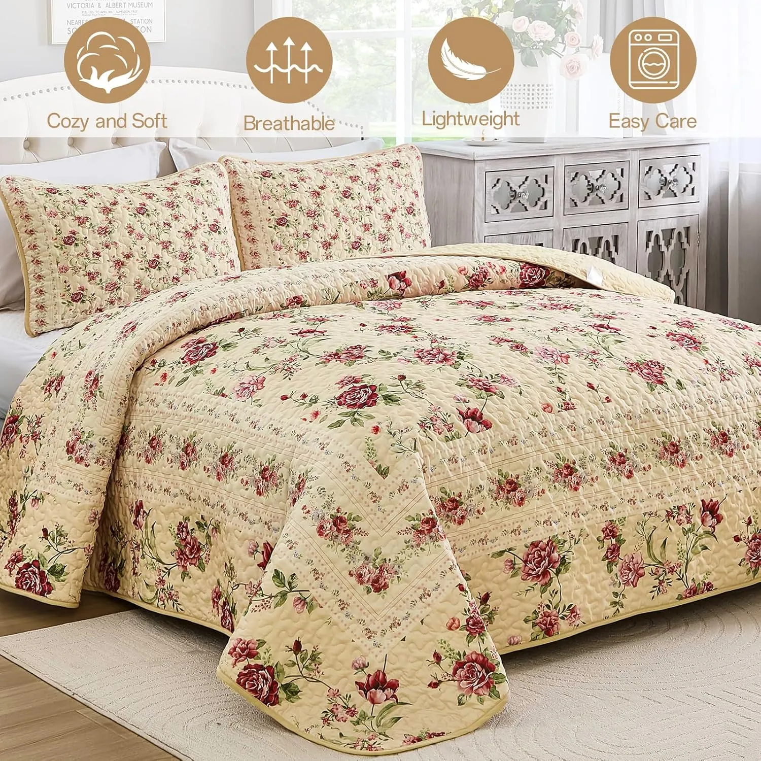 Xruibed Beige Quilt Set Queen Size, 3PCs Antique Rose Beige Bedspread Coverlet Set, Lightweight Soft Microfiber Floral Quilt Set with 2 Pillowcases for All Season (Queen Size 96"x90")