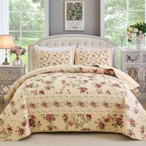 Xruibed Beige Quilt Set Queen Size, 3PCs Antique Rose Beige Bedspread Coverlet Set, Lightweight Soft Microfiber Floral Quilt Set with 2 Pillowcases for All Season (Queen Size 96"x90")