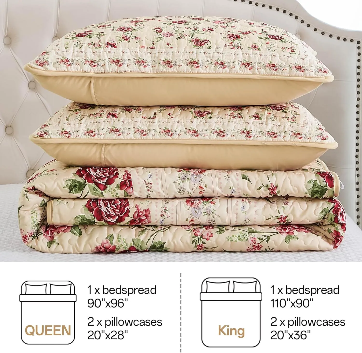Xruibed Beige Quilt Set Queen Size, 3PCs Antique Rose Beige Bedspread Coverlet Set, Lightweight Soft Microfiber Floral Quilt Set with 2 Pillowcases for All Season (Queen Size 96"x90")