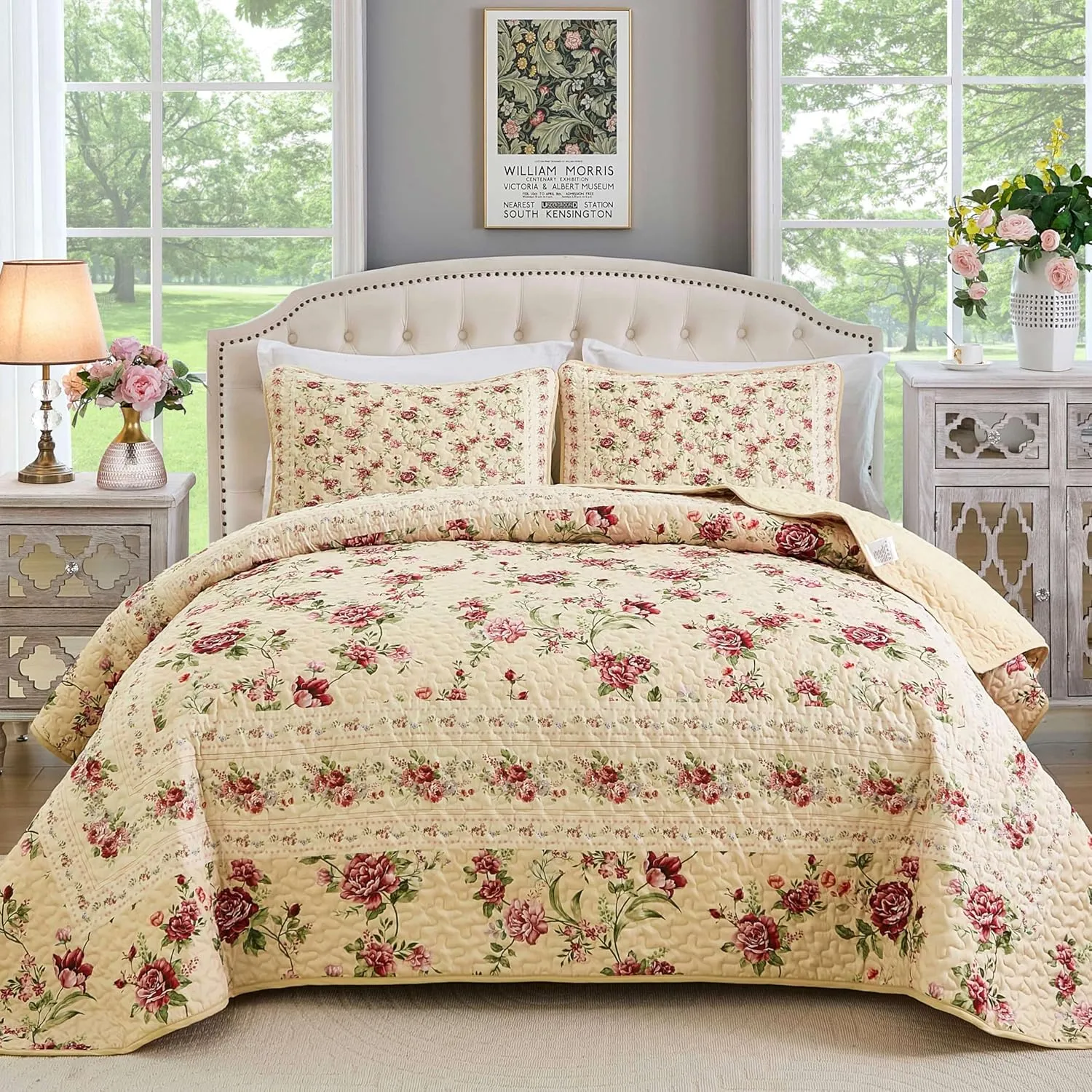 Xruibed Beige Quilt Set Queen Size, 3PCs Antique Rose Beige Bedspread Coverlet Set, Lightweight Soft Microfiber Floral Quilt Set with 2 Pillowcases for All Season (Queen Size 96"x90")