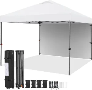 Yaheetech 10x10 Pop up Canopy Tent w/1 Sidewall, Instant Commercial 150D Silver Coated Fabric Outdoor Instant Tent w/Wheeled Bag, 4 Sandbags, 8 Stakes & 4 Ropes for Parties, Camping, Beach, White