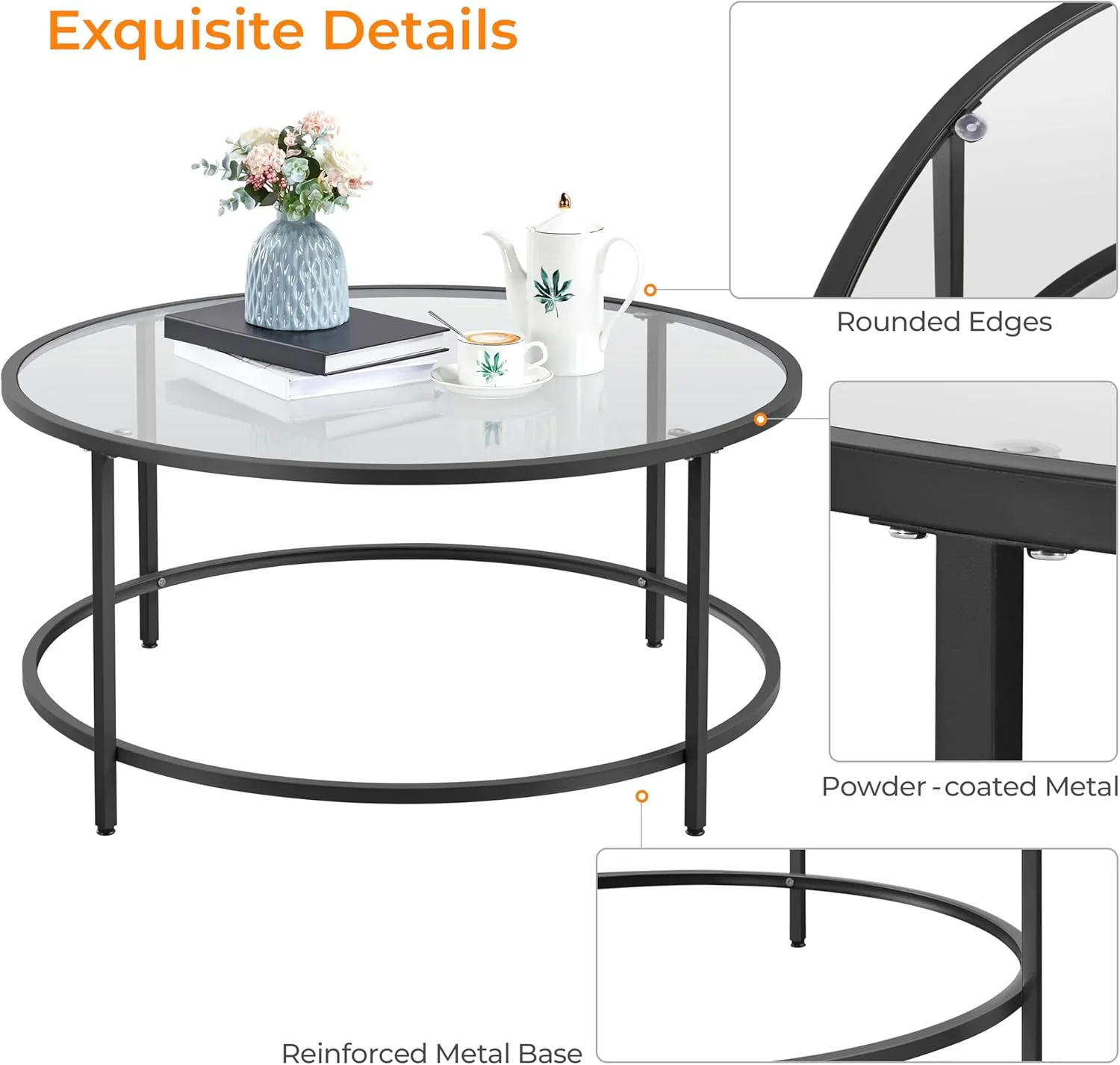 Yaheetech 36" Round Glass Coffee Table, Black Circle Coffee Table Center Table with Glass Top, Small Coffee Table for Living Room, Office & Apartment