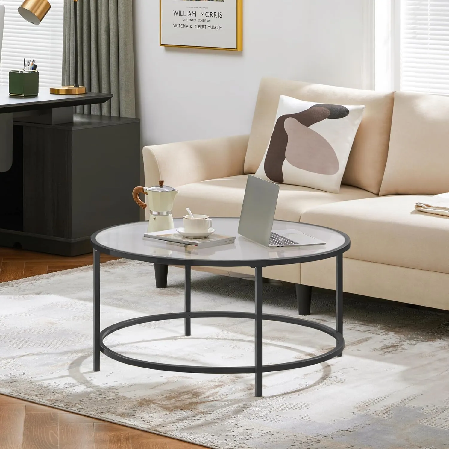 Yaheetech 36" Round Glass Coffee Table, Black Circle Coffee Table Center Table with Glass Top, Small Coffee Table for Living Room, Office & Apartment