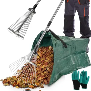 Yard Waste Bags, Leaf Dustpan, Leaves Collector, Yard Dustpan Type Garden Bag for Collecting Leaves, Garden Waste Container, with Adjustable Metal Leaf Rake Long Handle and Gloves