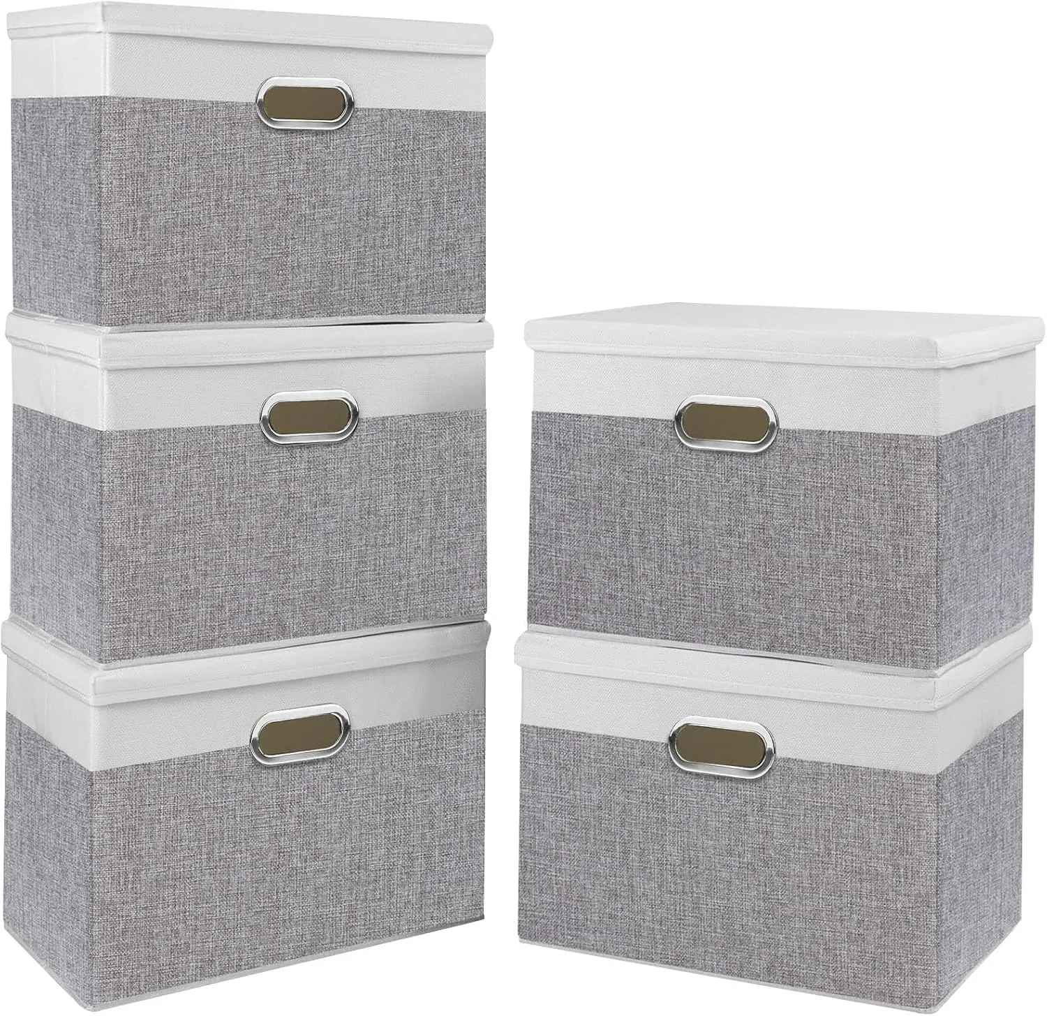 Yawinhe Storage Bins with Lids, Fabric Foldable Boxes with 2 Metal Handles, Waterproof Basket, Closet Organizers, White/Gray, 15''Lx9.8''Wx9.8''H, 5-Pack