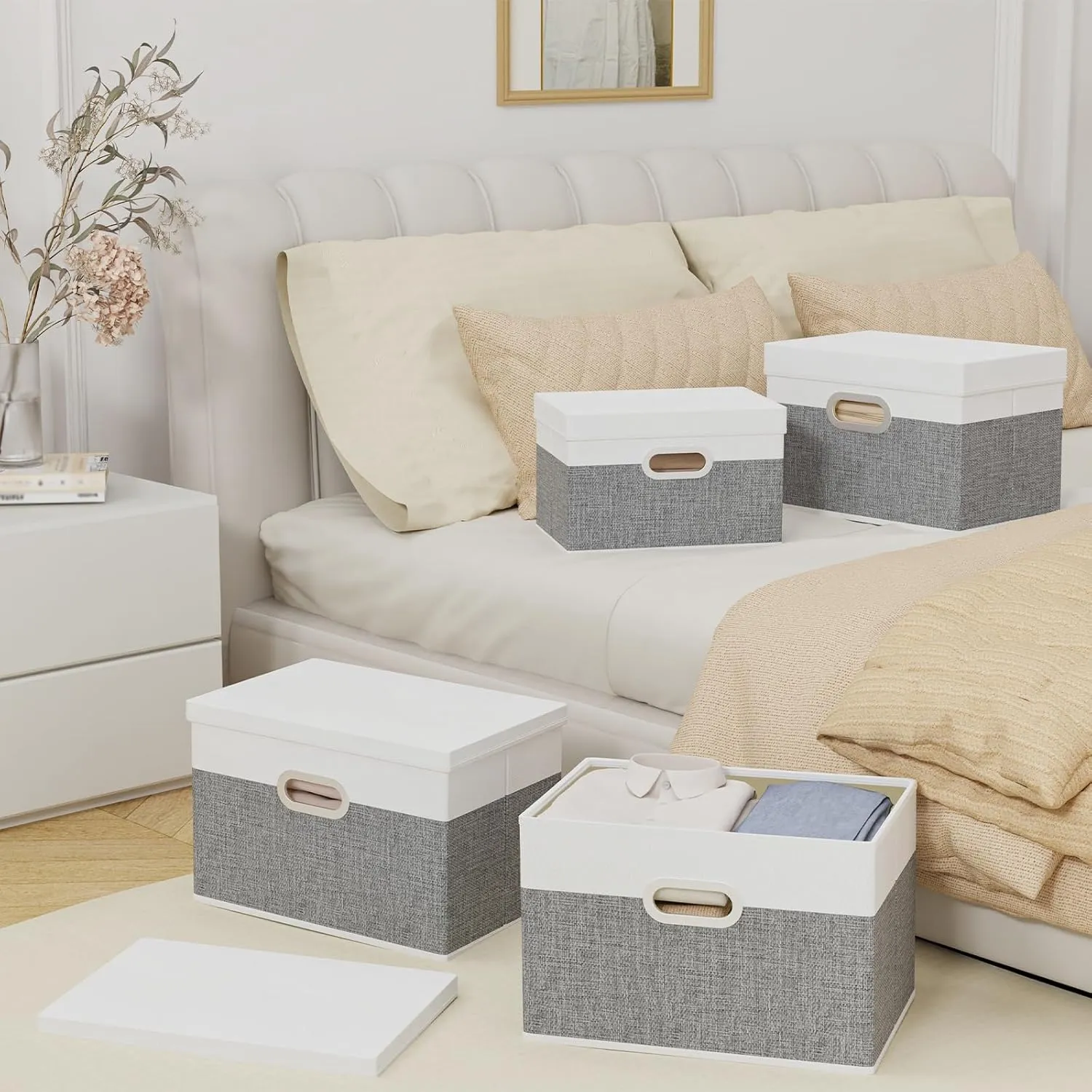 Yawinhe Storage Bins with Lids, Fabric Foldable Boxes with 2 Metal Handles, Waterproof Basket, Closet Organizers, White/Gray, 15''Lx9.8''Wx9.8''H, 5-Pack