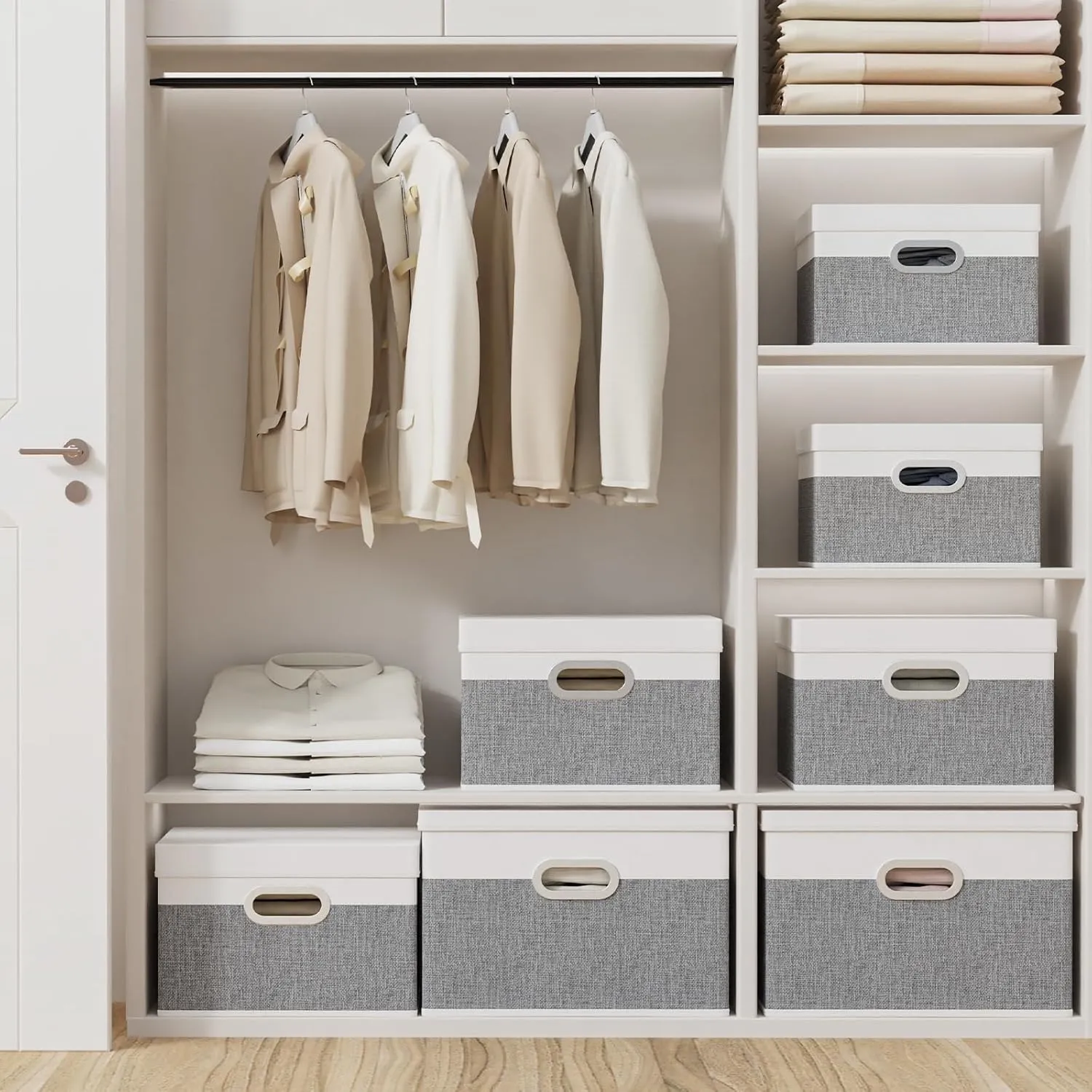 Yawinhe Storage Bins with Lids, Fabric Foldable Boxes with 2 Metal Handles, Waterproof Basket, Closet Organizers, White/Gray, 15''Lx9.8''Wx9.8''H, 5-Pack