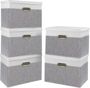 Yawinhe Storage Bins with Lids, Fabric Foldable Boxes with 2 Metal Handles, Waterproof Basket, Closet Organizers, White/Gray, 15''Lx9.8''Wx9.8''H, 5-Pack