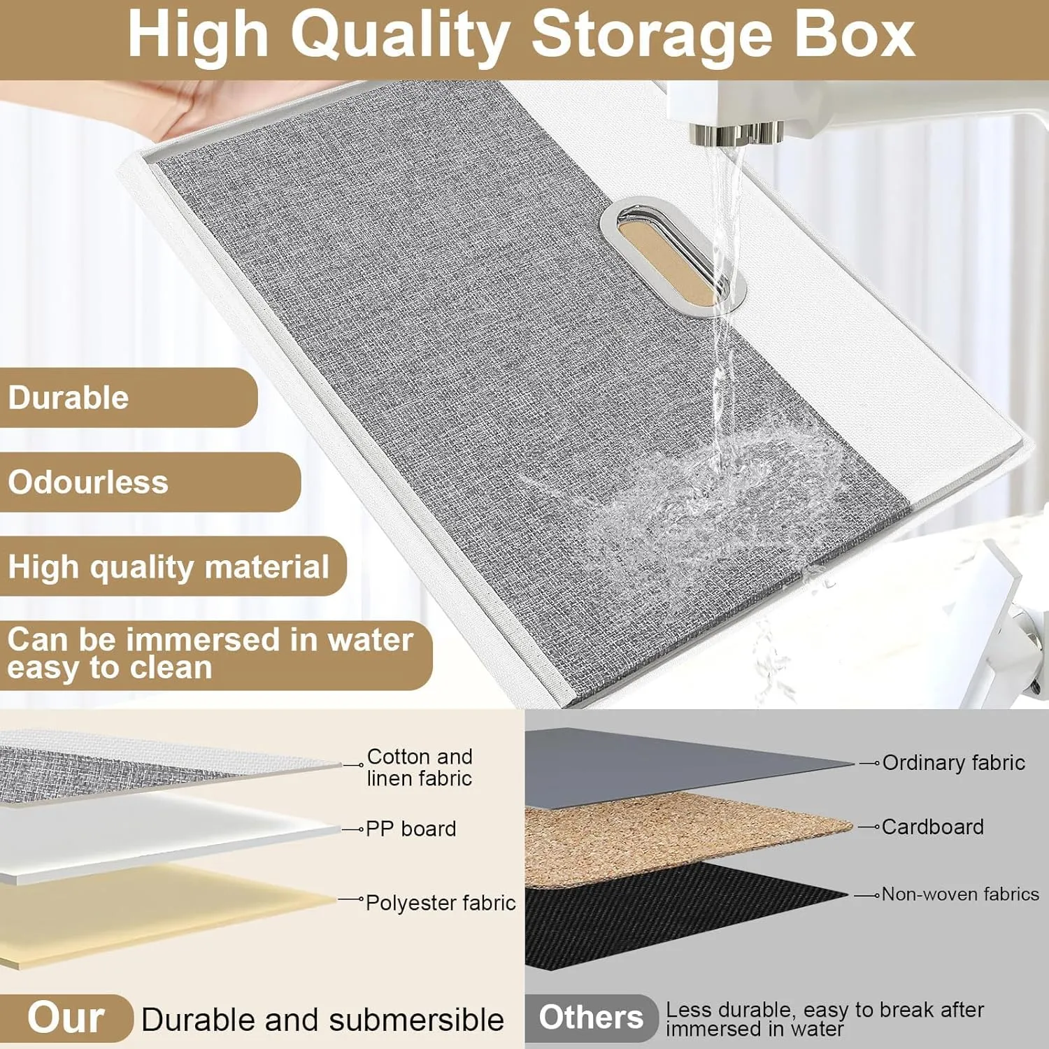 Yawinhe Storage Bins with Lids, Fabric Foldable Boxes with 2 Metal Handles, Waterproof Basket, Closet Organizers, White/Gray, 15''Lx9.8''Wx9.8''H, 5-Pack