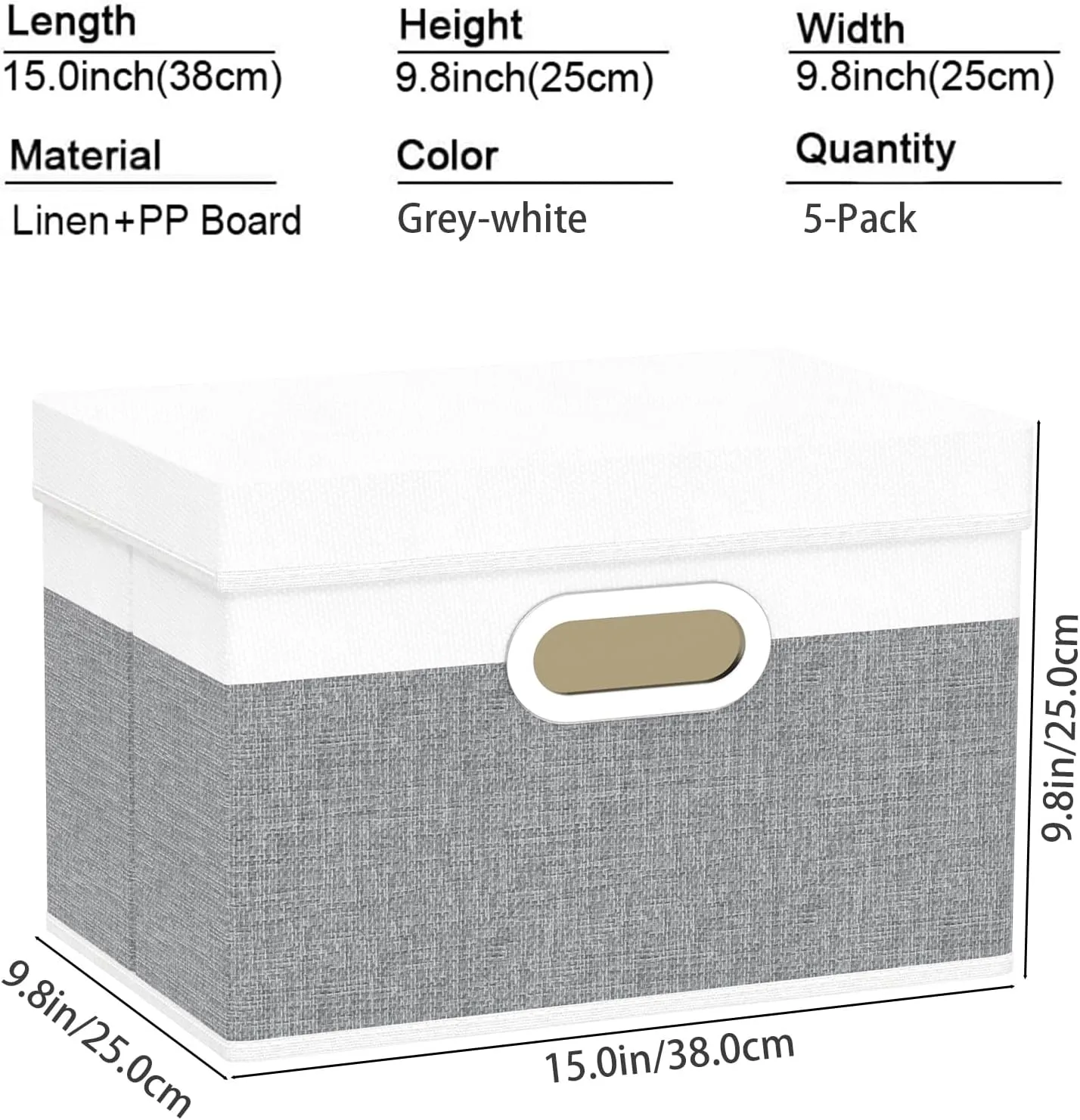 Yawinhe Storage Bins with Lids, Fabric Foldable Boxes with 2 Metal Handles, Waterproof Basket, Closet Organizers, White/Gray, 15''Lx9.8''Wx9.8''H, 5-Pack