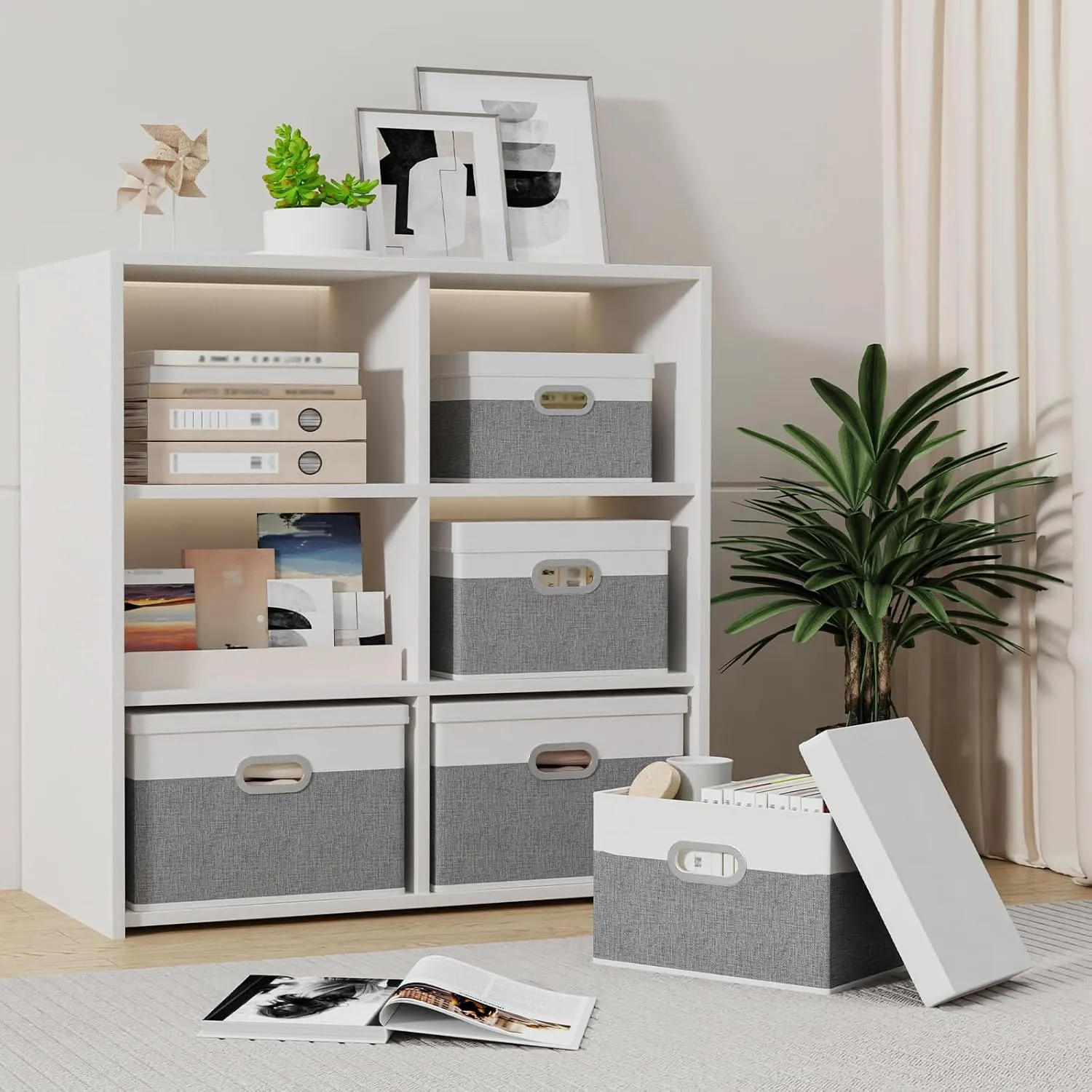 Yawinhe Storage Bins with Lids, Fabric Foldable Boxes with 2 Metal Handles, Waterproof Basket, Closet Organizers, White/Gray, 15''Lx9.8''Wx9.8''H, 5-Pack