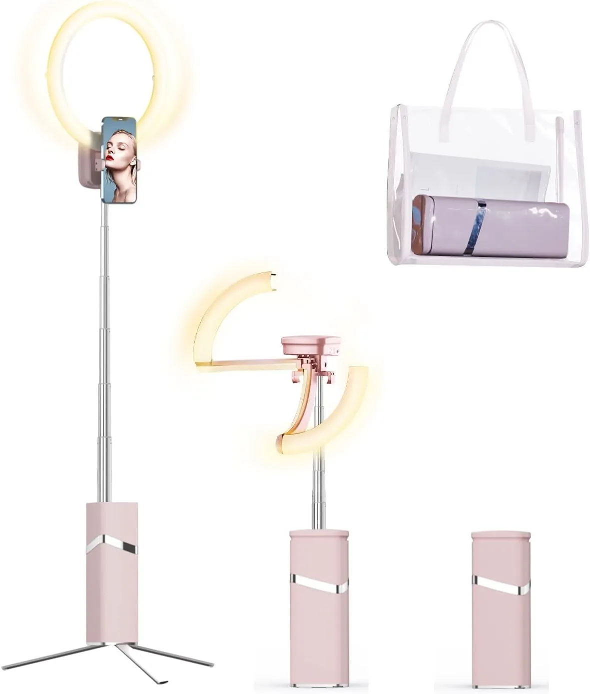 yAyusi Portable Ring Light with Stand, 4000mAh Battery Operated Cordless 10" Ring Light, Foldable Travel Ring Light, 79" Tripod Stand for Video Conference/Selfie/Live Stream/Makeup，Pink