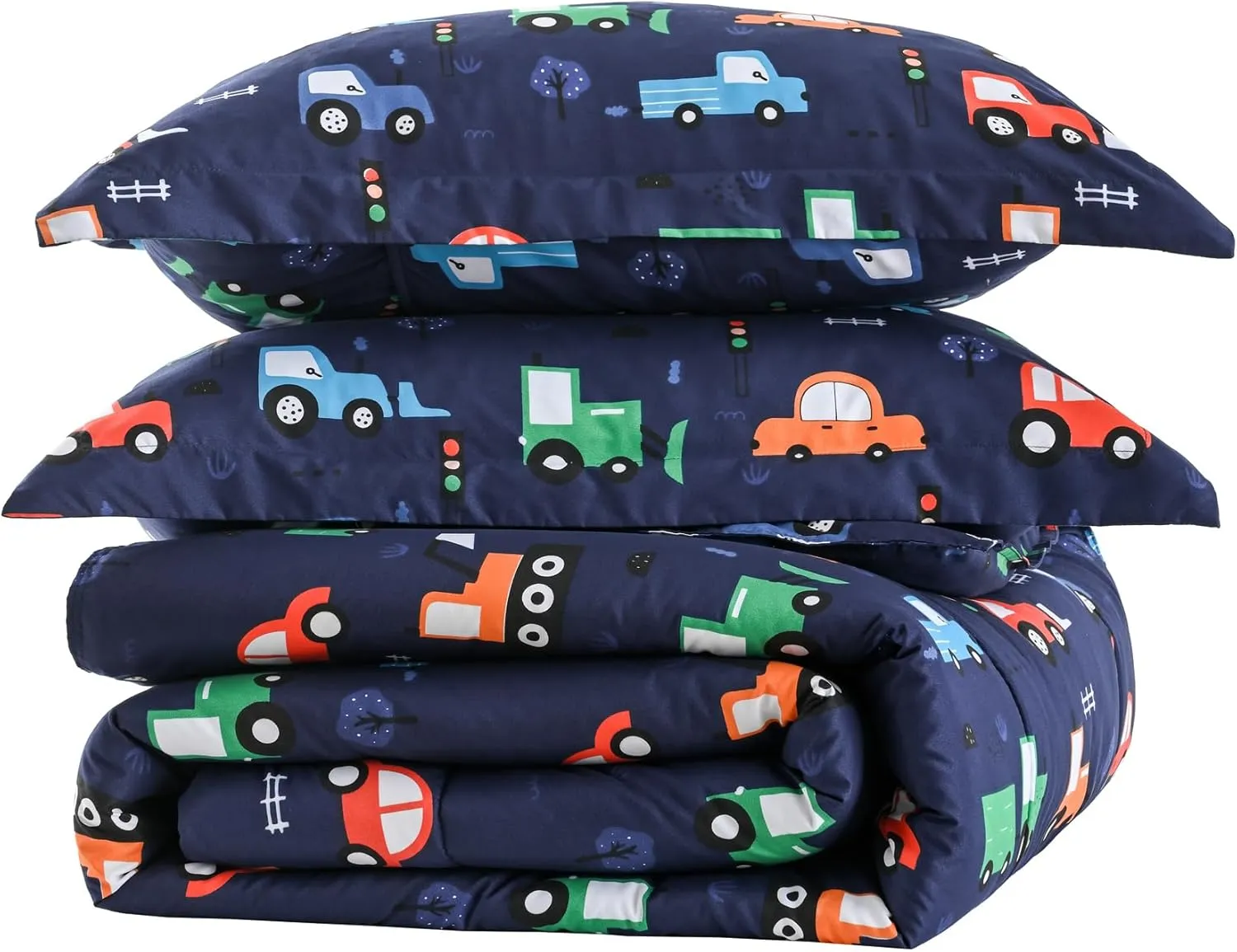Yibeizi Car Kids Comforter Set for Boys Twin, Cute Reversible Quilted Navy Blue Printed Construction Toddler Bedding Set with Pillow Sham, Lightweight Soft Breathable Machine Washable Bed Set 2 Piece