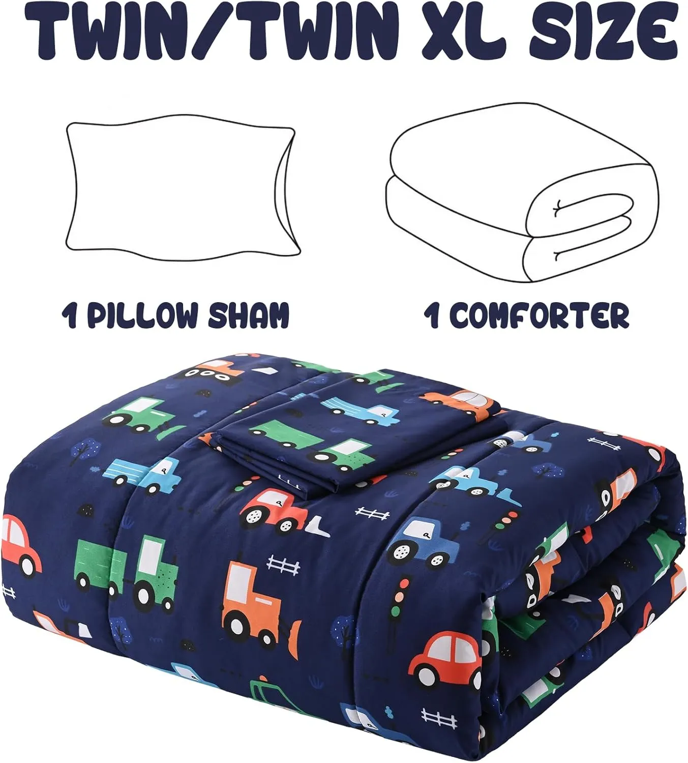 Yibeizi Car Kids Comforter Set for Boys Twin, Cute Reversible Quilted Navy Blue Printed Construction Toddler Bedding Set with Pillow Sham, Lightweight Soft Breathable Machine Washable Bed Set 2 Piece