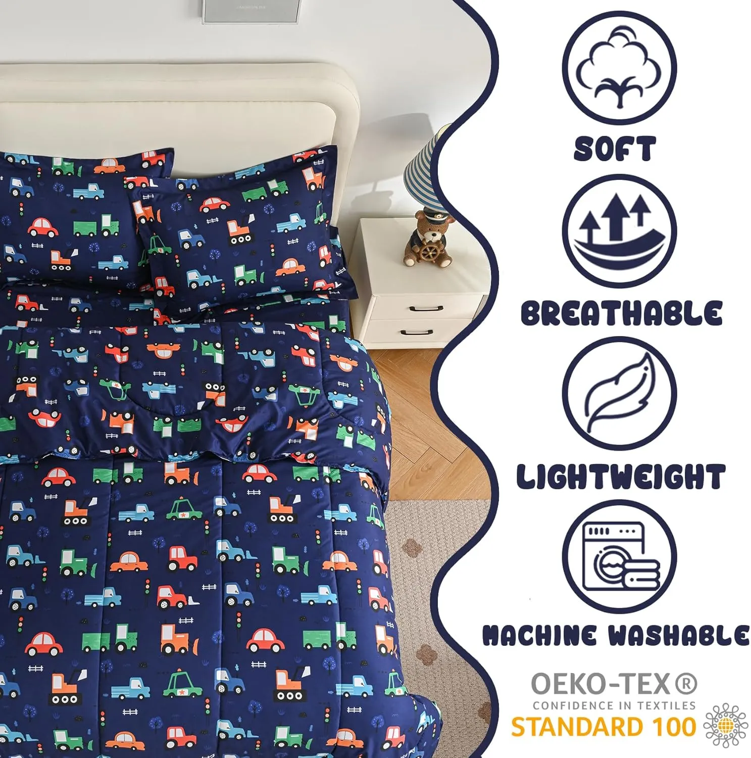 Yibeizi Car Kids Comforter Set for Boys Twin, Cute Reversible Quilted Navy Blue Printed Construction Toddler Bedding Set with Pillow Sham, Lightweight Soft Breathable Machine Washable Bed Set 2 Piece