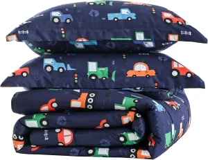 Yibeizi Car Kids Comforter Set for Boys Twin, Cute Reversible Quilted Navy Blue Printed Construction Toddler Bedding Set with Pillow Sham, Lightweight Soft Breathable Machine Washable Bed Set 2 Piece