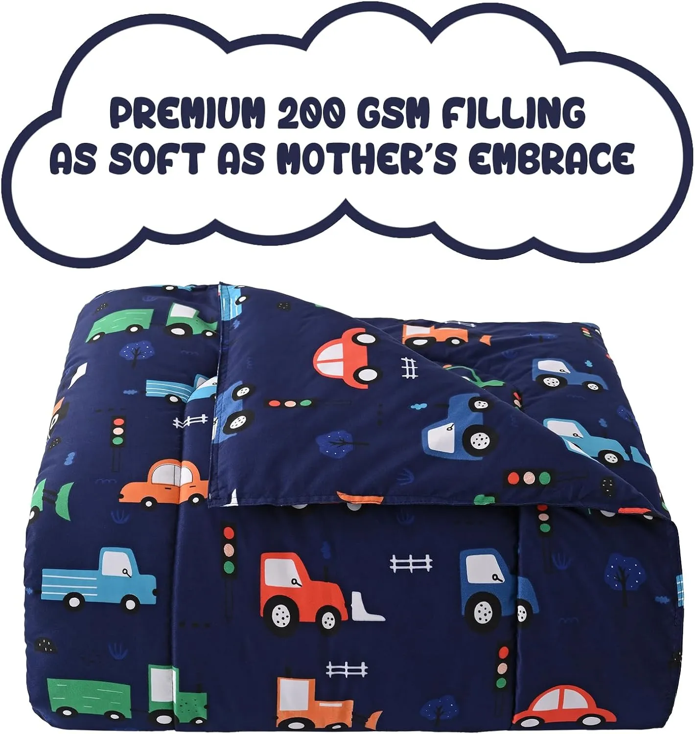 Yibeizi Car Kids Comforter Set for Boys Twin, Cute Reversible Quilted Navy Blue Printed Construction Toddler Bedding Set with Pillow Sham, Lightweight Soft Breathable Machine Washable Bed Set 2 Piece