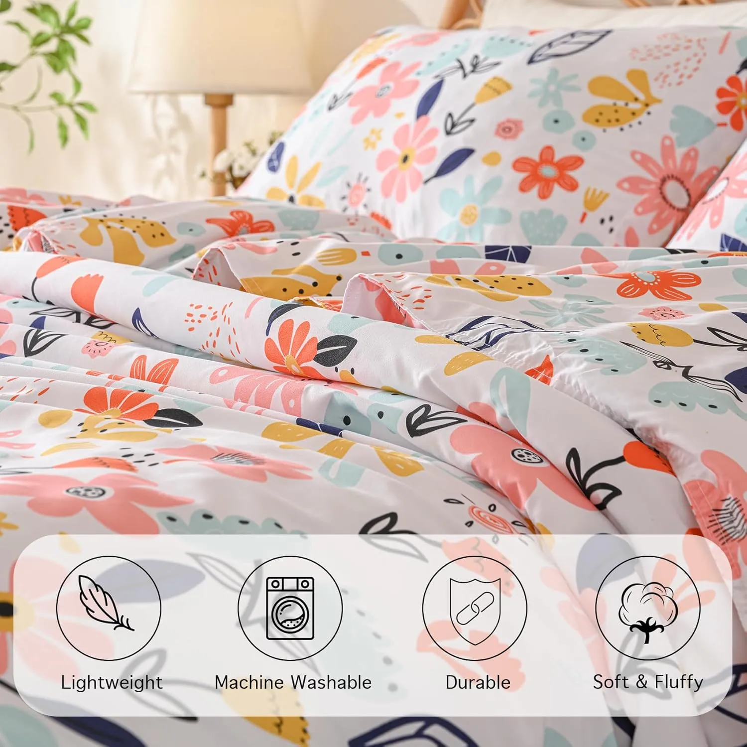 Yibeizi Floral Comforter Set for Girls Twin, Kids Cute Printed Bedding Set with Pillow Sham, Lightweight Soft Breathable Machine Washable Quilted Bed Comforter Set 2 Piece